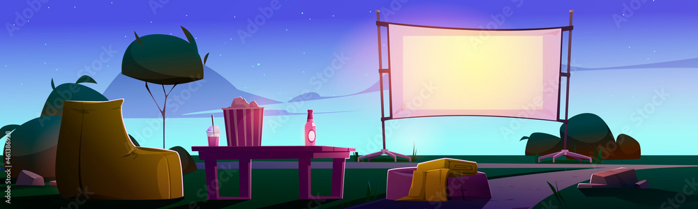 Open air cinema on lawn with big screen, chairs and table at evening. Vector cartoon illustration of backyard or public park with equipment for outdoor movie theater at summer night - obrazy, fototapety, plakaty 