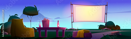 Open air cinema on lawn with big screen, chairs and table at evening. Vector cartoon illustration of backyard or public park with equipment for outdoor movie theater at summer night
