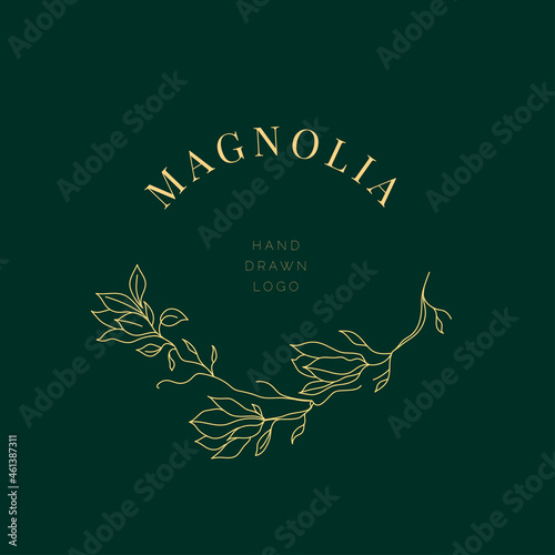Simple magnolia flower logo illustration for real estate. Botanical floral emblem with typography on brown background. Vector illustration