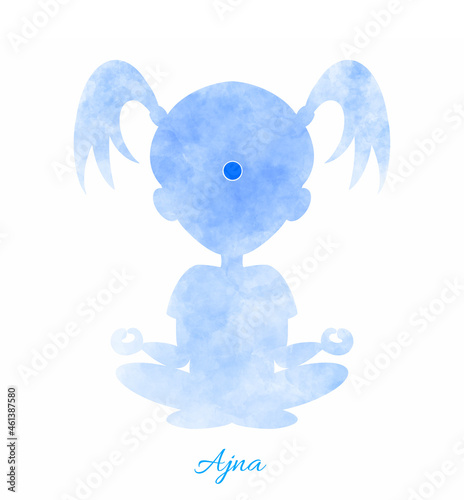 Ajna girl silhouette of yoga lotus position chakra circle hand drawn digital illustration for kids. Print quality for children