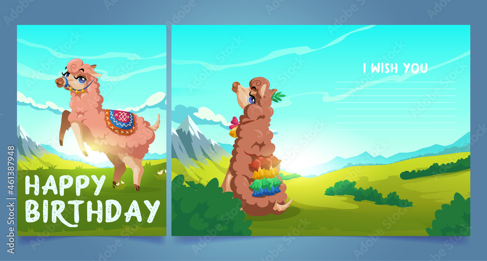 Happy birthday greeting card with cute llama, Peru alpaca animal cartoon character. Mexican Lama wear blanket and tassels grazing on mountain landscape. Postcard with place for wishes Vector template