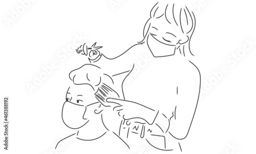 マスク着用の女性美容師と散髪中の男性客