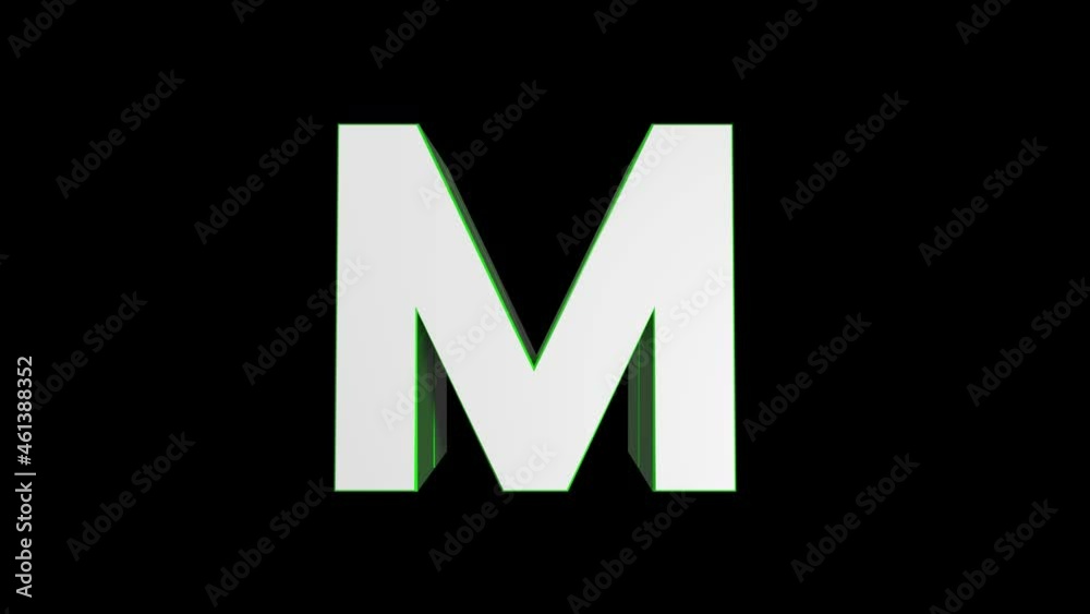 3D Animated alphabet, Green color, letter M on black background 3D Animated alphabet, Green color, letter M on black background