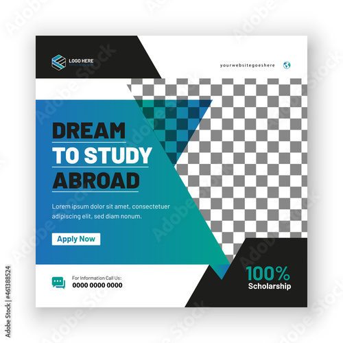Educational, Abroad Studies, Back to School, Kids School Admission, Higher University Admission Vector social media post or square banner template