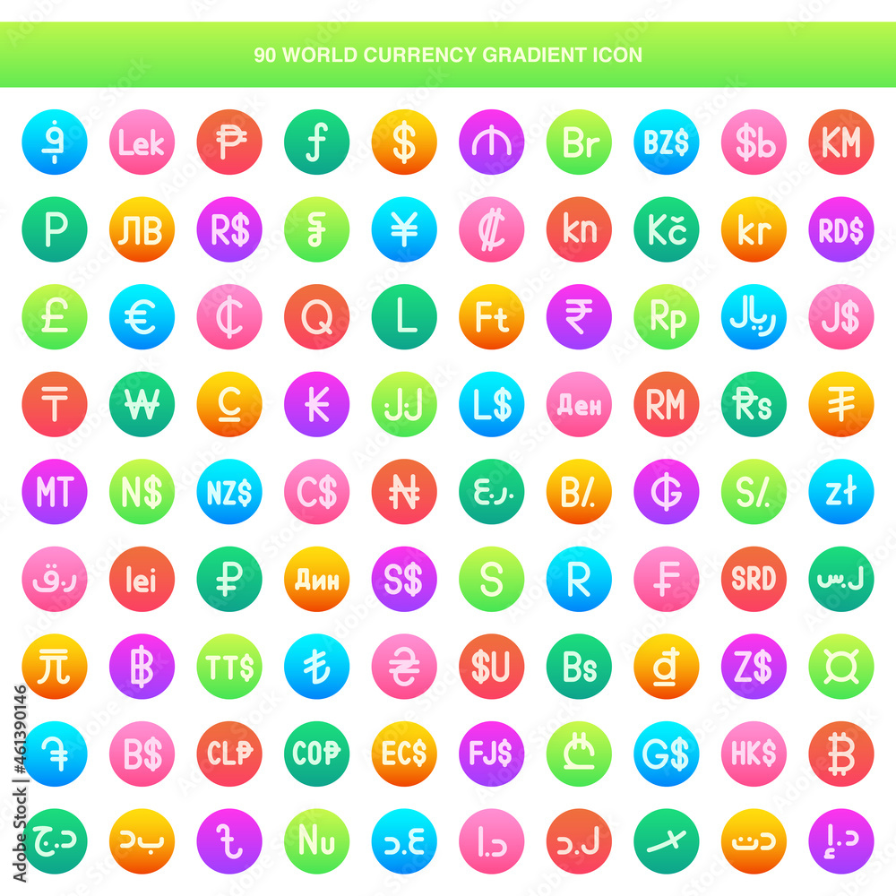 Illustration vector graphic icon of 90 World Currency Icon Set. Gradient Style Icon. Vector illustration isolated on white background. Perfect for website or application design.