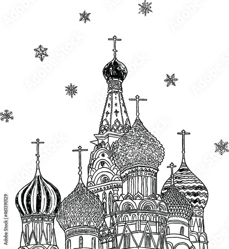 Saint Basil's Cathedral black and white vector hand drawn illustration, landmark of Moscow, Russia. decorated with seven different shape snow flakes.
