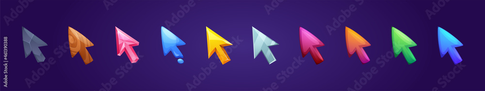 Set of game arrows, ui or gui interface cursors made of wood, stone, crystal, brilliant and water. Colorful glossy pointers for user navigation, site or application Cartoon vector illustration, icons