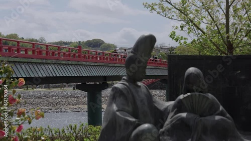 Uji River bridge, Pan across historic Kyoto Location in Spring photo