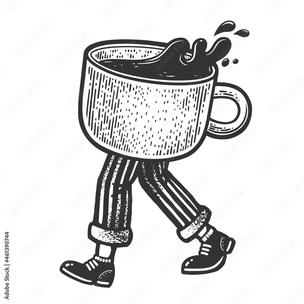 Walking coffee cup sketch raster illustration - obrazy, fototapety, plakaty 