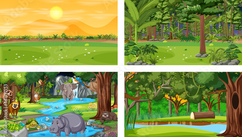 Set of different forest horizontal scene with various wild animals