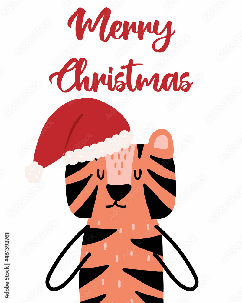 Obraz premium Hand-drawn Christmas card with a tiger in hat. Christmas lettering. Postcard with the symbol of the year 2022.