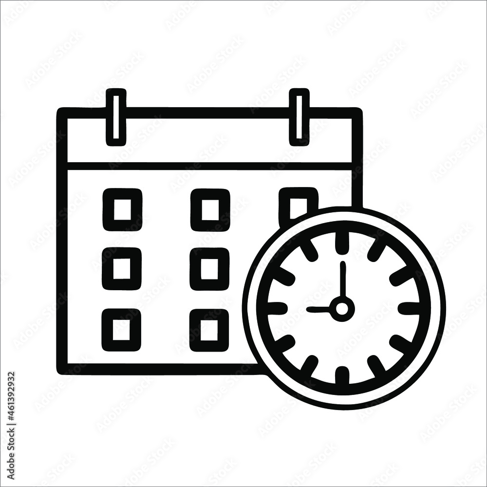 Calendar and clock line art icon vector isolated in white background. Black line style Calendar and clock line art icon vector isolated in white background. Black line style