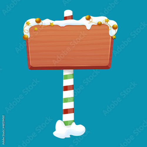 Christmas wooden signboard, road signs on striped stick with decoration, empty frame in cartoon style isolated on white background. Holiday decoration. Ui game asset.