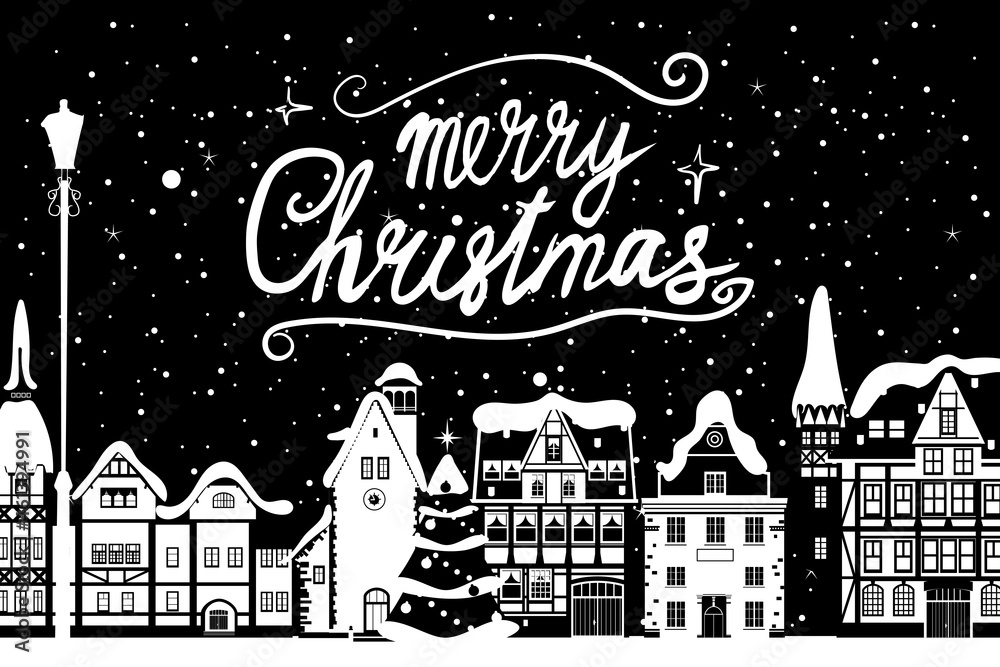 Vintage banner Merry Christmas, winter Europe old town cityscape. Urban landscape greeting card. Vector illustration cartoon retro style