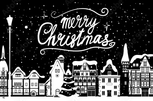 Vintage banner Merry Christmas, winter Europe old town cityscape. Urban landscape greeting card. Vector illustration cartoon retro style