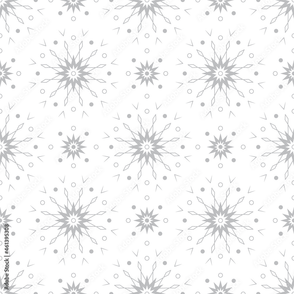 Seamless pattern with silver snowflakes on white background. Festive winter traditional decoration for New Year, Christmas, holidays and design. Ornament of simple line repeat snow flake Seamless pattern with silver snowflakes on white background. Festive winter traditional decoration for New Year, Christmas, holidays and design. Ornament of simple line repeat snow flake