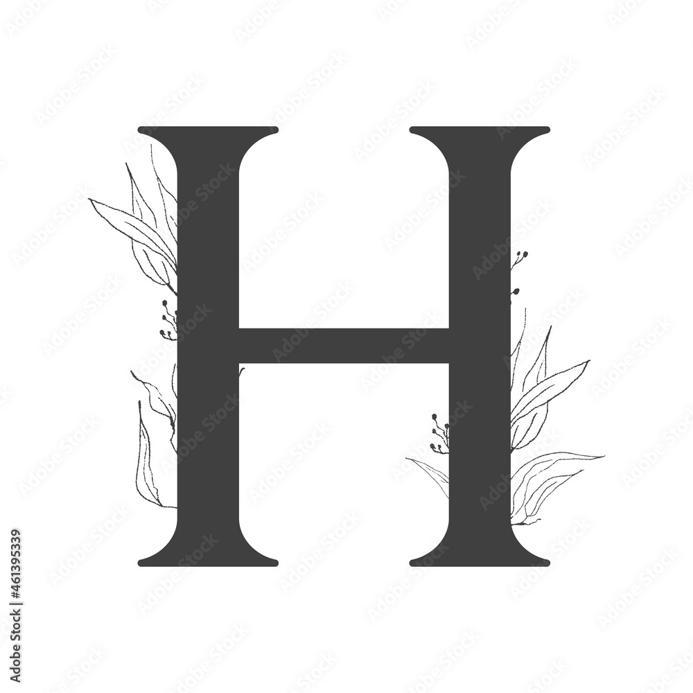 Vector flower alphabet. Design of letter H. Decoration of wedding invitations, cards, business cards of florists. Delicate twigs and leafs in a line art style Vector flower alphabet. Design of letter H. Decoration of wedding invitations, cards, business cards of florists. Delicate twigs and leafs in a line art style