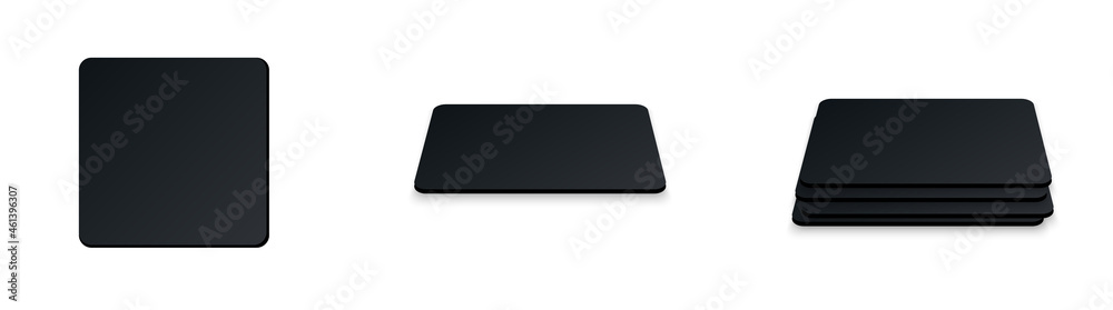 Square beer coaster. Empty black mockup. Pprotection coaster for beer glasses, tea cups isolated on white background. Branding template vector illustration. Square beer coaster. Empty black mockup. Pprotection coaster for beer glasses, tea cups isolated on white background. Branding template vector illustration.