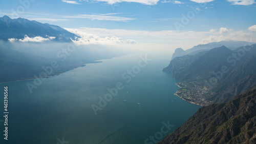 View of lake garda from mountain view point punta larici with view of malcesine and limone sul garda, near pregasina in Italy photo
