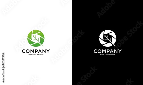 Vector camera shutter and leaf technology logo combination. Lens and eco symbol or icon. Unique photo and organic logotype design template.