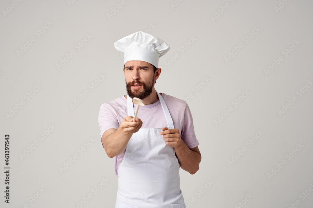 bearded man chef with a white cap on his head emotions work bearded man chef with a white cap on his head emotions work