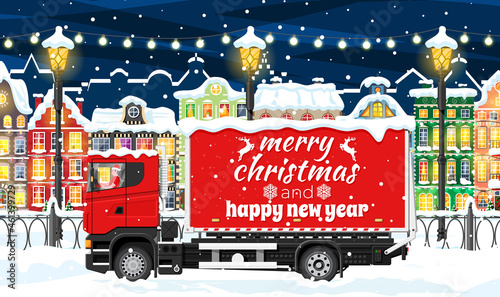Christmas Delivery Truck in Town. Delivery Man in Santa Claus Hat. Happy New Year Decoration. Merry Christmas Holiday. City Covered Snow. New Year and Xmas Celebration. Flat Vector Illustration