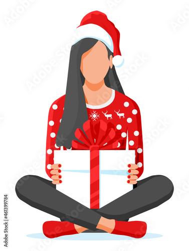 Woman Sitting Lotus Pose Holding Gift Box. Cross Legged Female Character with Christmas Present. Happy New Year Decoration. Merry Christmas Holiday. Xmas Celebration. Flat Vector Illustration