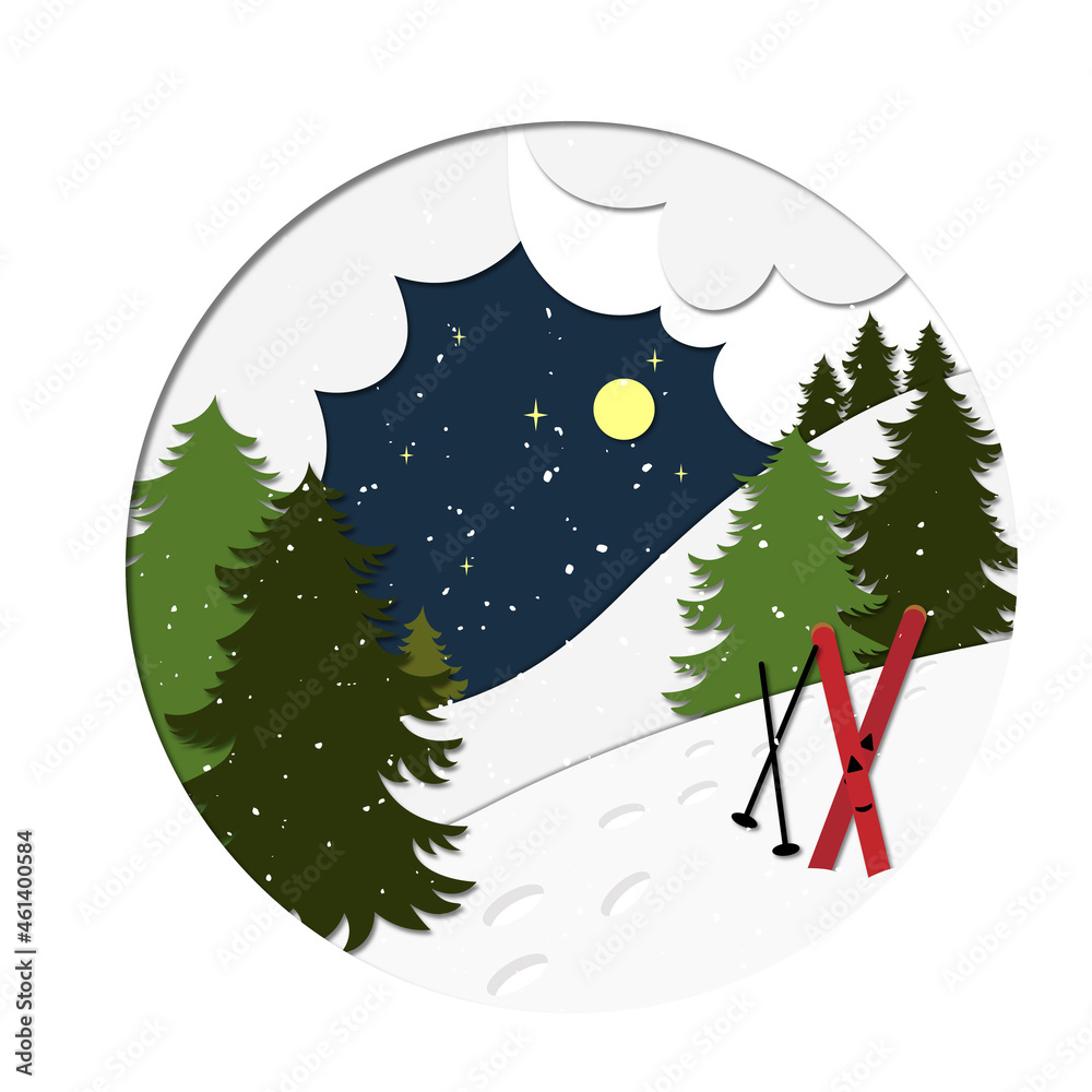 New Year's card in the style of cut paper. Winter mountain landscape with Christmas trees and skis.