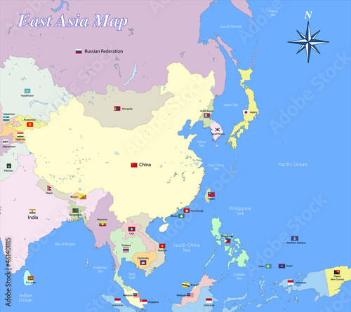 East Asia map with countries, seas and flags, vector illustration