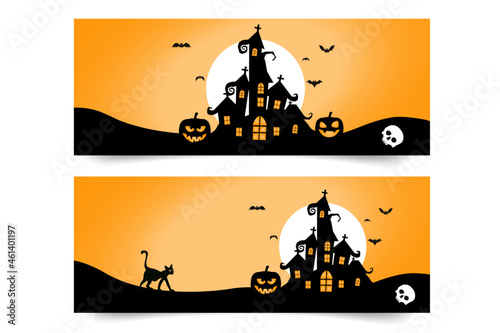 Happy Halloween banner with bats and cat.