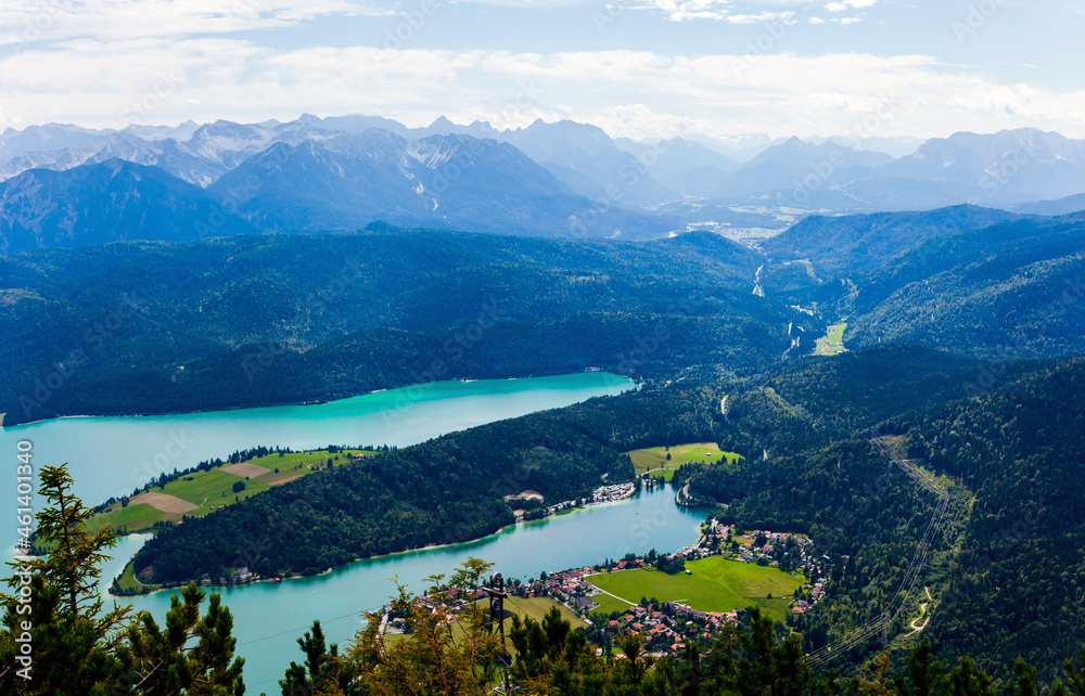 Lake and mountains. Aerial view of Bavarian village Walchensee with Alp Lake Walchensee in the Bavarian Peralps , Karwendel Mountains. Bavaria, Germany, Europe. view from the Herzogstand  