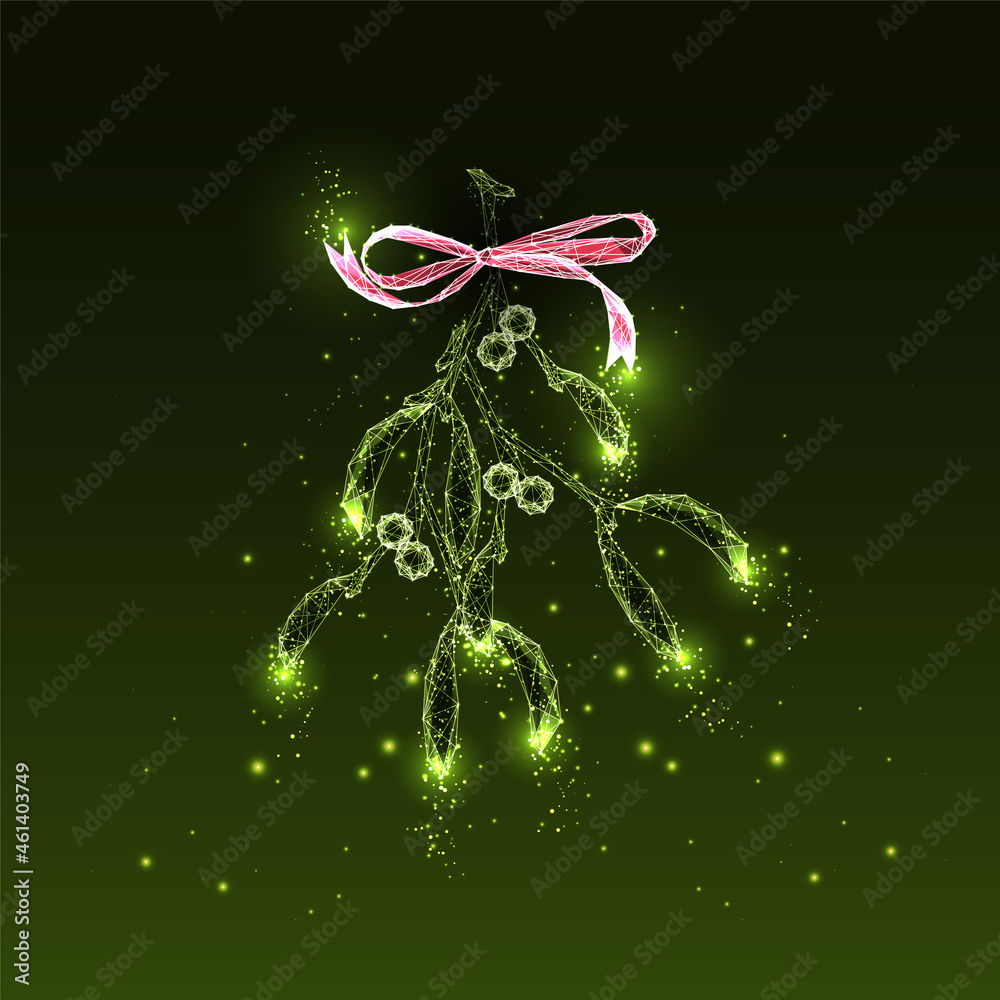 Fototapeta premium Abstract bunch of glowing mistletoe with ribbon bow on dark green