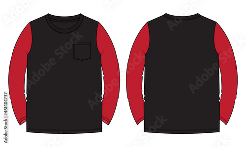 Two tone Black, Red color Long sleeve  T shirt overall technical fashion flat sketch vector Illustration template front and back views isolated on white. Basic apparel Design Mock up for Men's