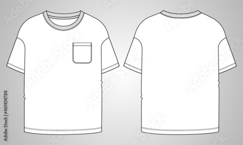 Short sleeve Basic T-shirt With pocket  overall technical fashion flat sketch vector Illustration template front and back views. Basic apparel Design Mock up for Kids and boys.