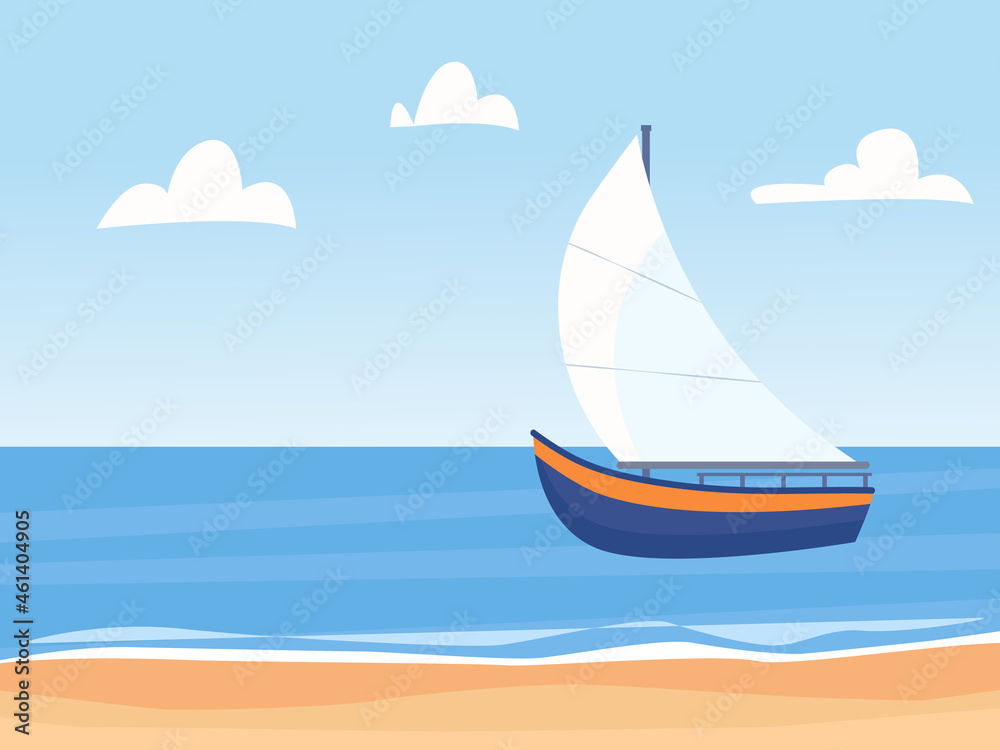 Seascape with sail boat and beach. Horizontal background