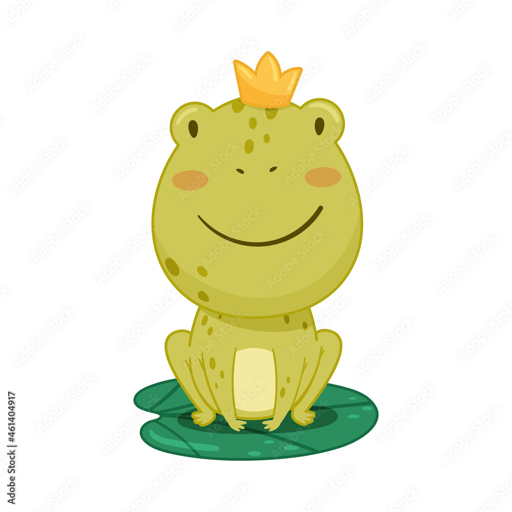 Fototapeta premium Cute frog princess sitting on lotus leaf in pond. Green funny amphibian toad character cartoon vector illustration