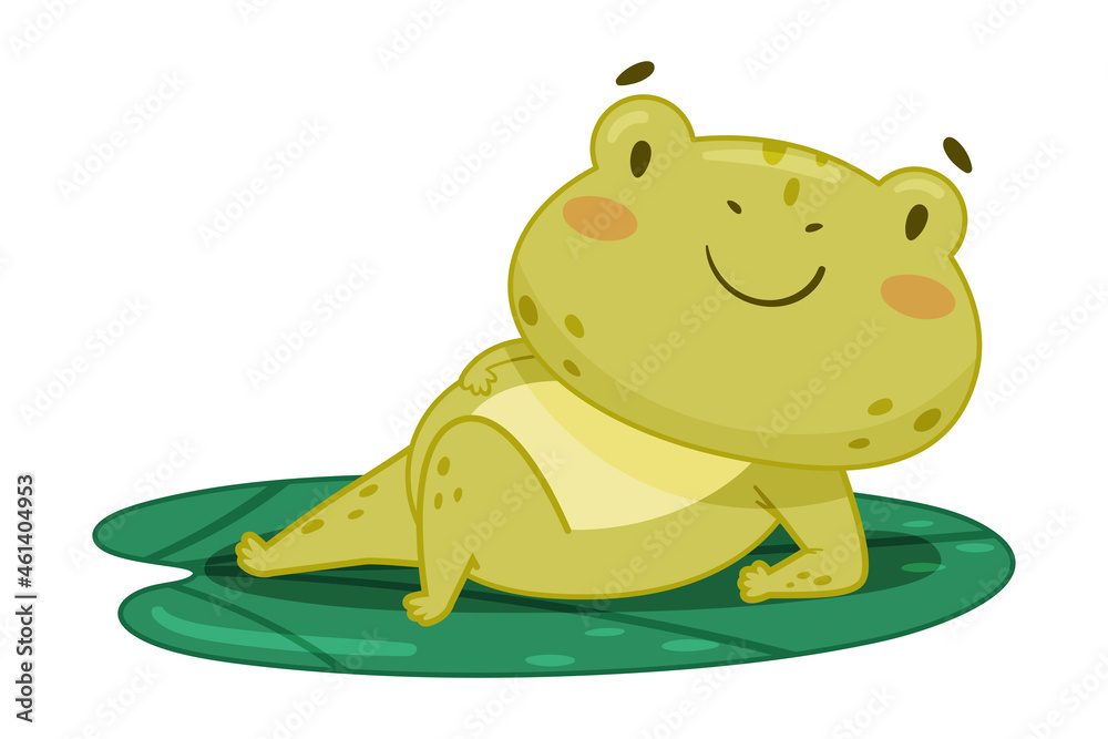 Obraz premium Cute frog lying on lotus leaf in pond. Green funny amphibian toad character cartoon vector illustration