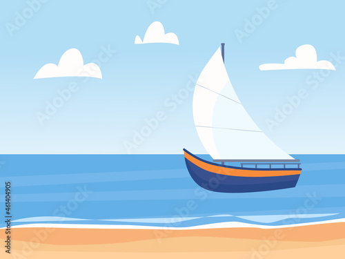 Seascape with sail boat and beach. Horizontal background