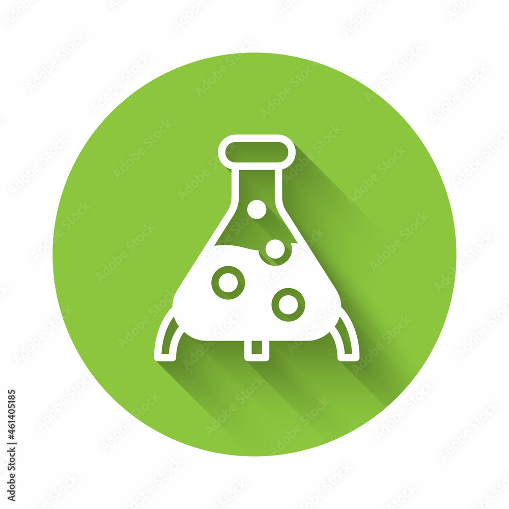 White Test tube and flask chemical laboratory test icon isolated with long shadow. Laboratory glassware sign. Green circle button. Vector White Test tube and flask chemical laboratory test icon isolated with long shadow. Laboratory glassware sign. Green circle button. Vector