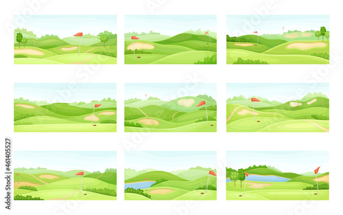 Countryside golf courses with holes, sand traps and red flags set. Green summer beautiful landscapes vector illustration
