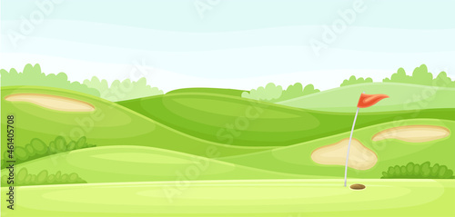 Golf course with green grass  hole and red flag. Play tournament  competition invitation card  poster  banner  template vector illustration
