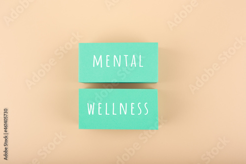 Mental wellness text written on aqua blue toy blocks on bright beige background