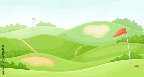 Countryside golf course with sand traps and red flag. Play tournament, competition invitation card, poster, banner, template vector illustration