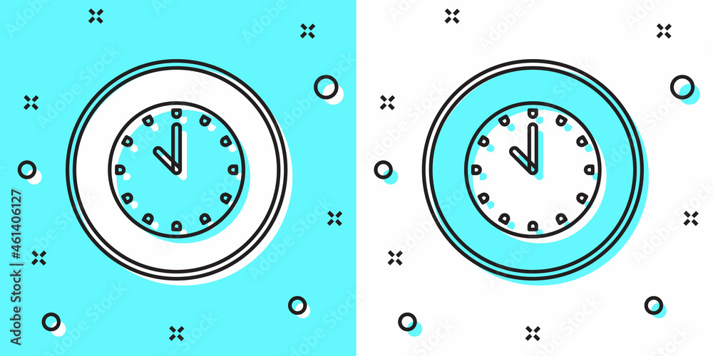 Black line Clock icon isolated on green and white background. Time symbol. Random dynamic shapes. Vector Black line Clock icon isolated on green and white background. Time symbol. Random dynamic shapes. Vector