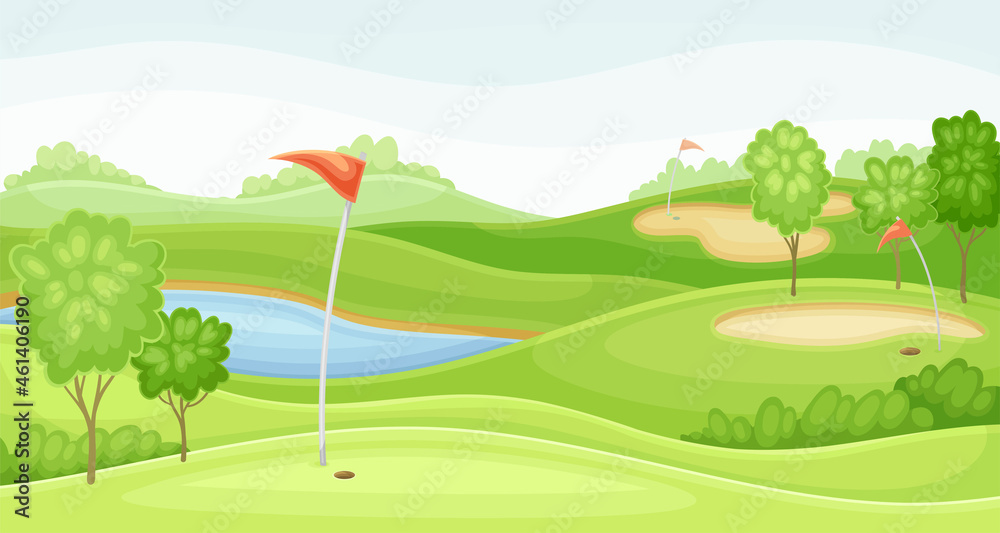 Fototapeta premium Countryside golf course with hole, red flag. Green summer beautiful landscape with lake vector illustration