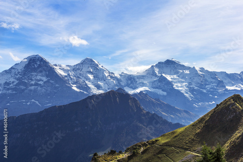 View from Schynige Platte on the famous Eiger, Mönch and Jungfrau mountain range in the Swiss alps.