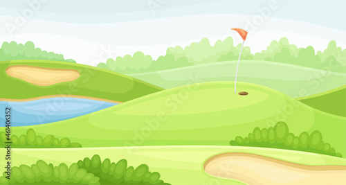 Golf course with hole  red flag and sand traps. Green summer countryside beautiful landscape vector illustration