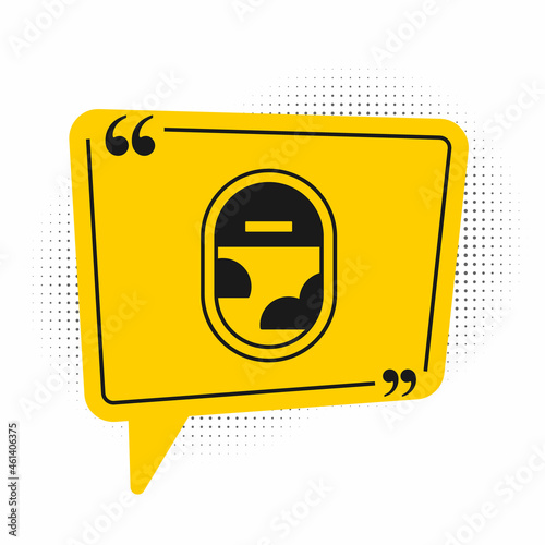 Black Airplane window icon isolated on white background. Aircraft porthole. Yellow speech bubble symbol. Vector