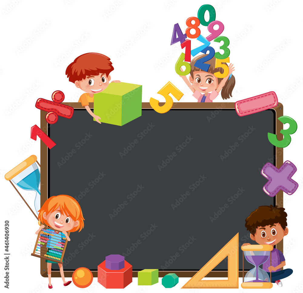 Fototapeta premium Empty blackboard with school kids and math objects