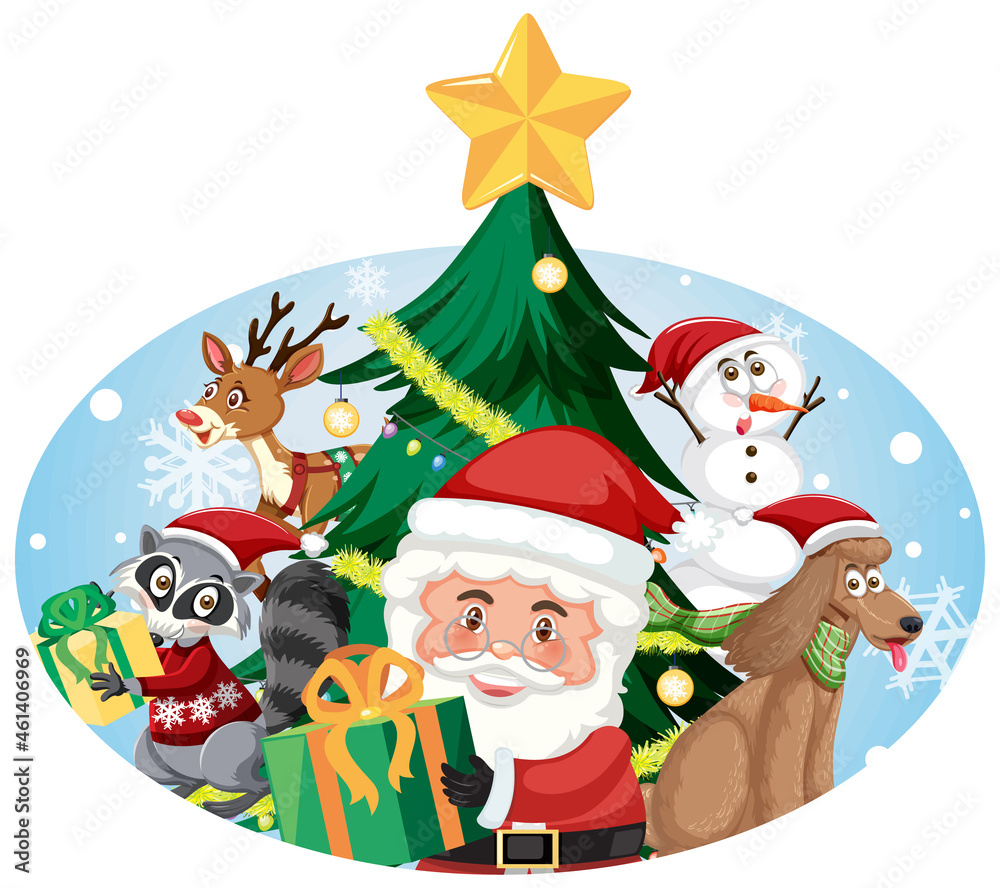 Fototapeta premium Santa Claus with happy children and Christmas tree